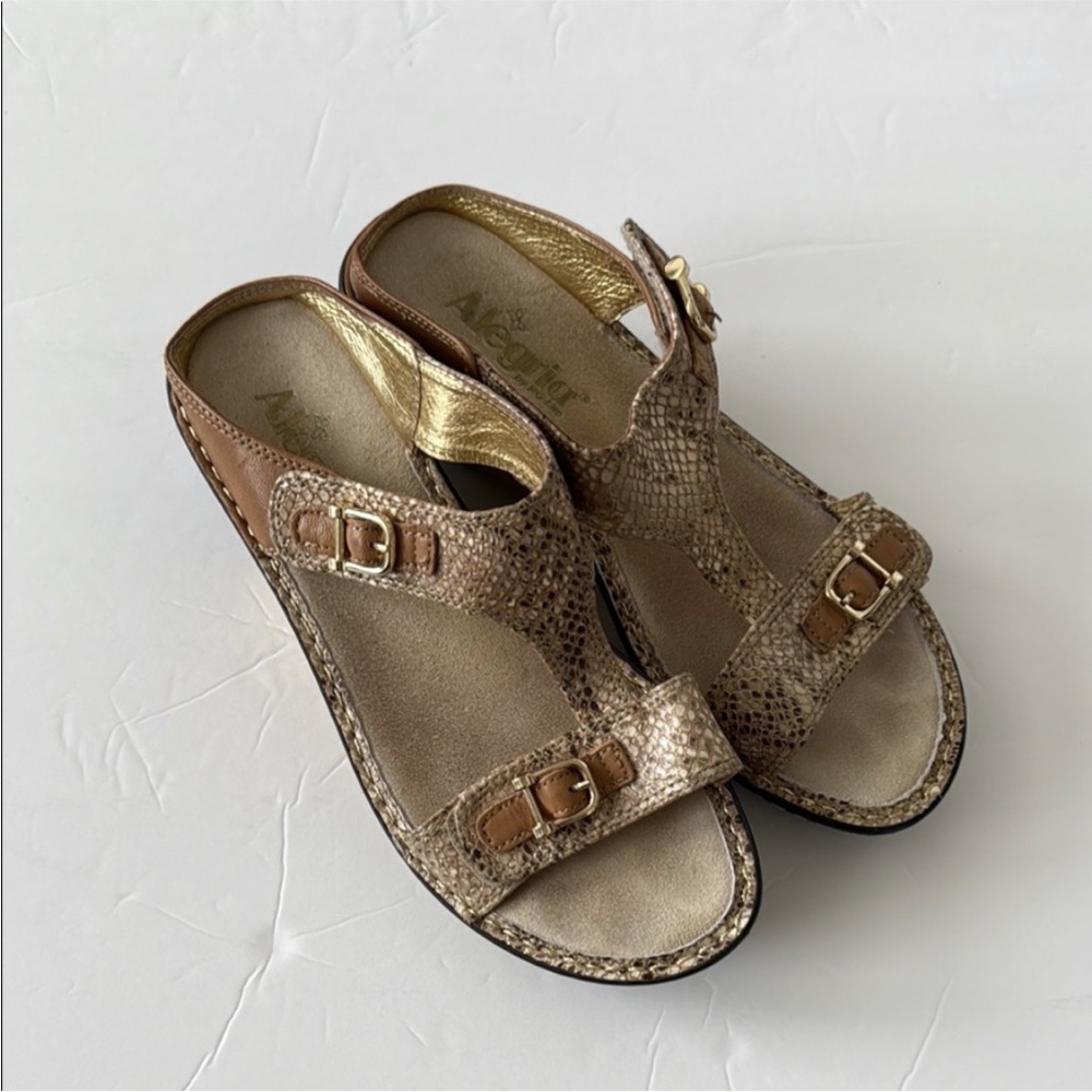 Alegria Shoes Metallic Brown Snake-Embossed Slide Sandals with Gold Accents